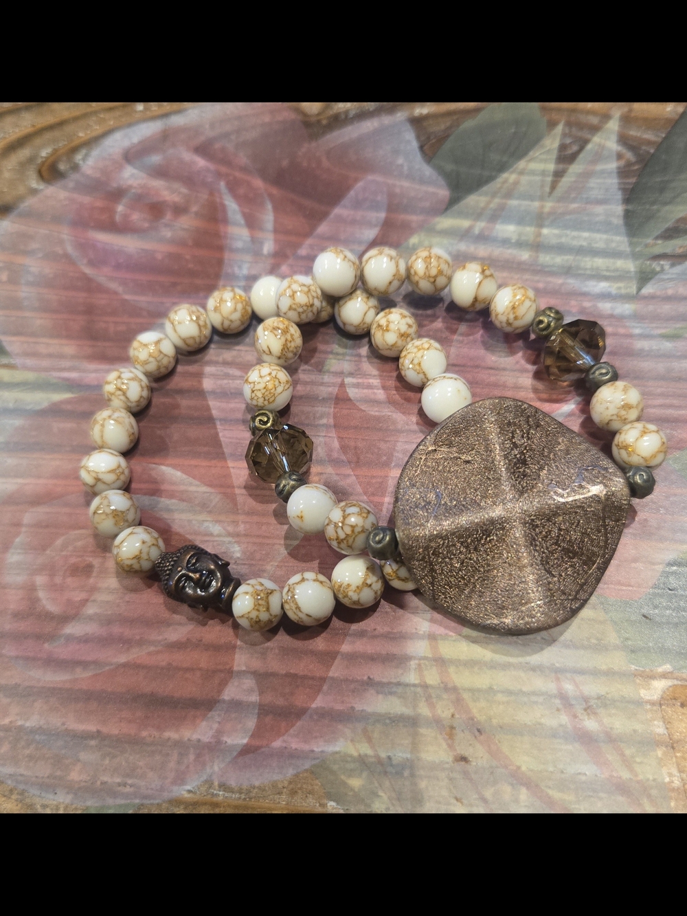 Handmade White & Brown Beaded Statement Bracelet with Bronze Accent